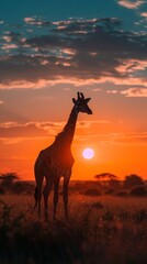 Fototapeta na wymiar Giraffe Against Sunset. Symbol of Grace and Beauty in the Untamed Wilderness. As the Sun Dips Below the Horizon