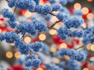 Red and blue berries adorn Christmas branches amidst nature's wintry beauty