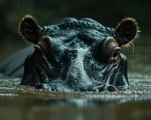 Close Portrait of Powerful Hippopotamus Submerged in Waters. Massive Mammal Peering with Big, Dangerous Eyes
