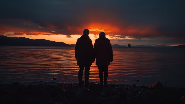 A senior elderly pensioner retirement lifestyle 60s man and woman share a joyful selfie moment against the stunning backdrop of sea sunset, happy married bonding relationship couple summer traveling