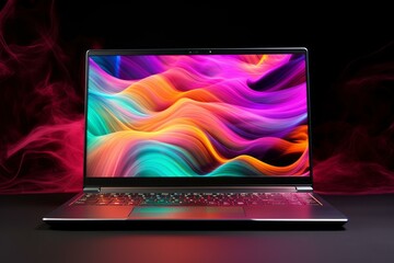 Vibrant Laptop product photo with abstract screen display. New computer technology advertising photography. Generate ai