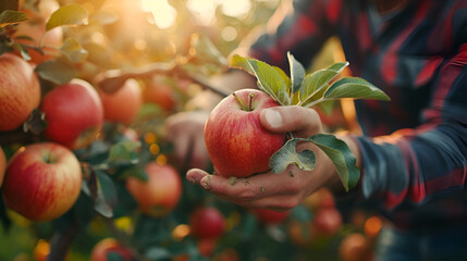 Close up of man picking apples during autumn harvest in orchard. generative ai 
