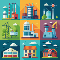 Obraz premium Power Facilities - Industrial Energy Buildings Like Hydroelectric Dams, Nuclear Plants, Geothermal & Wind Farms for Clean Energy Generation