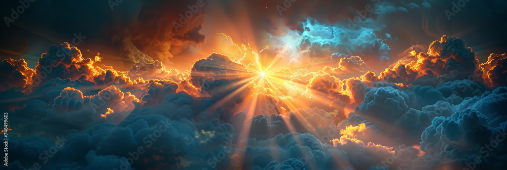 Poster bright sun shining through dramatic clouds, perfect for adding warmth and energy to your website, so