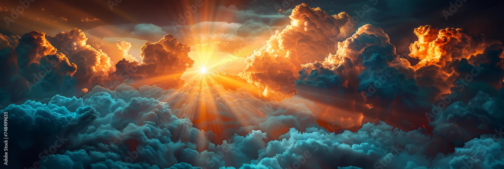 Poster bright sun shining through dramatic clouds, perfect for adding warmth and energy to your website, so
