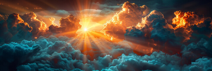 Bright sun shining through dramatic clouds, perfect for adding warmth and energy to your website, social media or design projects.rays of light shining through clouds, - obrazy, fototapety, plakaty