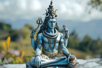Blue Deity Statue Meditating on a Mountain. Fictional Character Created By Generated By Generated AI.