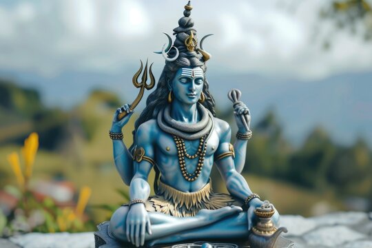 Blue Deity Statue Meditating on a Mountain. Fictional Character Created By Generated By Generated AI.