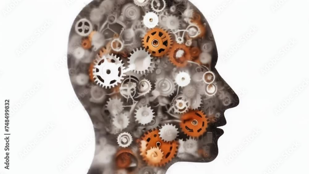 Poster an animation of a personâs head filled with gears representing the intricate thought processes inv