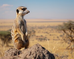 Meerkat in Wilderness. Portrait of Nature Watchful Guardian. With their Cute Faces and Small Stature, Meerkats Stand Tall as Sentinels of the Desert - obrazy, fototapety, plakaty