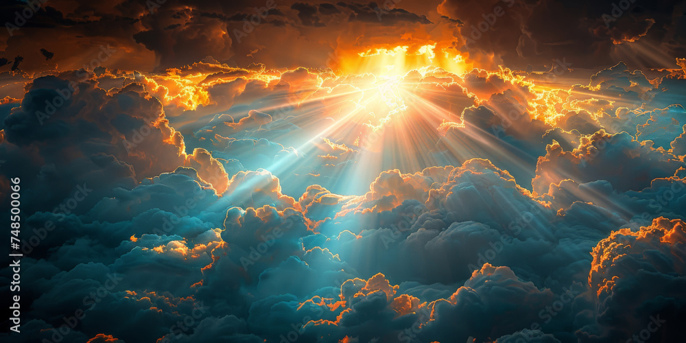 Poster bright sun shining through dramatic clouds, perfect for adding warmth and energy to your website, so