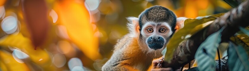 Fototapeta premium Monkey Observes its Rainforest Domain from Atop a Tree. With Lush Green Foliage Surrounding Blends Seamlessly into its Natural Habitat