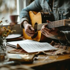 Young Man Musical Moment. Strumming the Guitar with Passion and Skill. In the Comfort of Home, This Talented Musician Embodies the Joy of Creating Melodies - obrazy, fototapety, plakaty