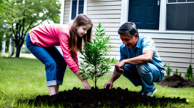 Father and daughter work together to plant trees behind the house, photo shoot
