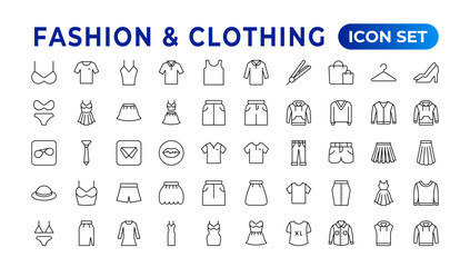 Fototapeta na wymiar Set of line icons related to fashion, sewing, and clothing. Outline icon collection. clothes and cloth elements - minimal thin line web icon set. Outline editable icons collection. Dress,polo t-shirt