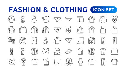 Set of line icons related to fashion, sewing, and clothing. Outline icon collection. clothes and cloth elements - minimal thin line web icon set. Outline editable icons collection. Dress,polo t-shirt - obrazy, fototapety, plakaty