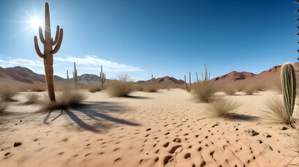 Fototapeta na wymiar Desert landscape with cactus, blue sky, photo shot, Natural day light