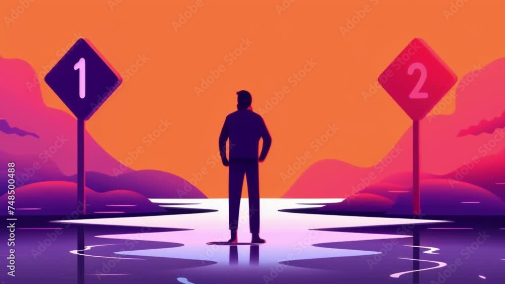 Poster a person standing at a crossroads with a sign pointing in each direction representing two different 
