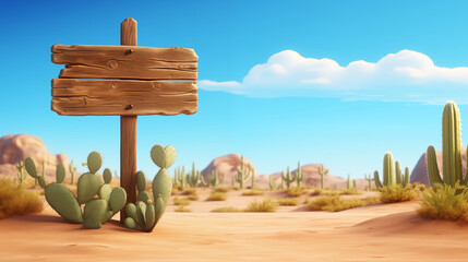 Desert landscape with cactus and wooden sign on blue sky background