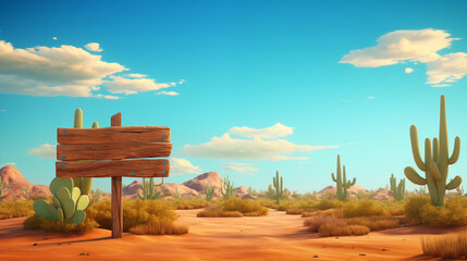 Desert landscape with cactus and wooden sign on blue sky background - obrazy, fototapety, plakaty