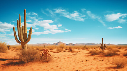 Desert landscape with cactus, blue sky, photo shot, Natural day light