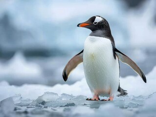 Naklejka premium Penguins Masters of Ice. In the Pristine Landscape of the Frozen Continent, These Majestic Birds Roam the Ice-covered Terrain with Grace and Tenacity