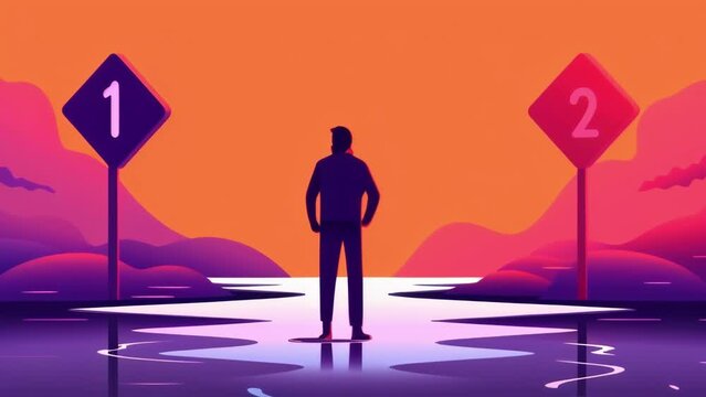 A person standing at a crossroads with a sign pointing in each direction representing two different decisions. Psychology art concept. .