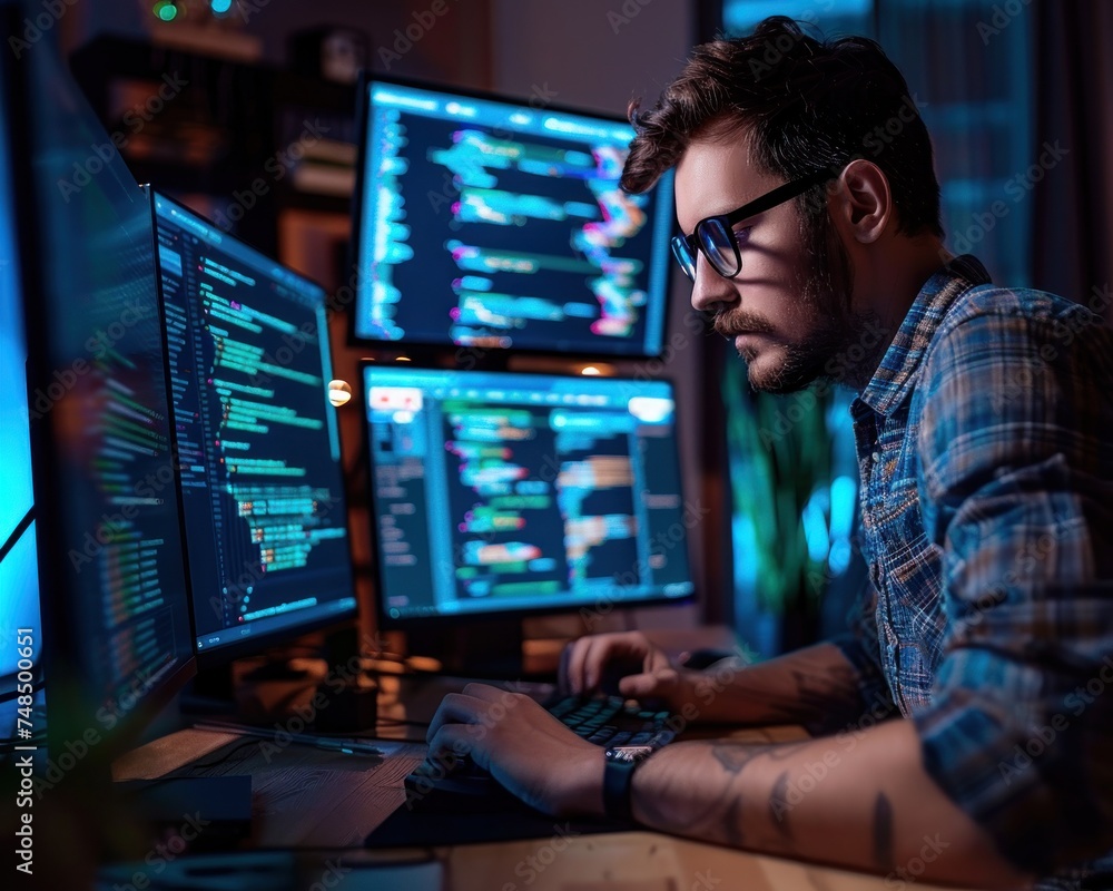 Poster modern workplace, where a young programmer delves into the intricacies of coding and software develo
