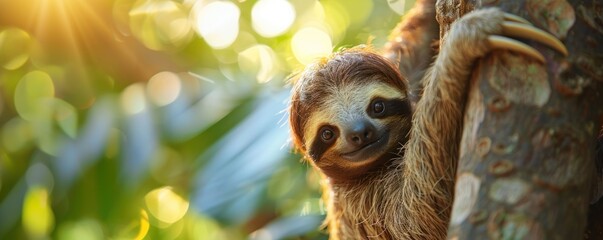 Fototapeta premium Adorable Sloth in its Natural Rainforest Habitat Wildlife Portrait of a Cute Mammal Relaxing Amid Tropical Foliage
