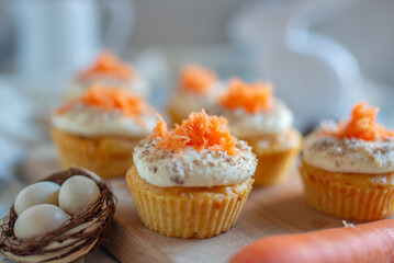Homemade Carrot Cupcakes with Cream Cheese Frosting for Easter - 748501446