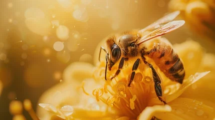 Foto op Aluminium Capturing Nature's Pollinators. Busy Honey bee Collecting from Colorful Flowers in a Bright Summer Garden © Thares2020