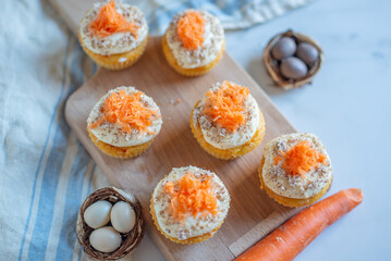 Homemade Carrot Cupcakes with Cream Cheese Frosting for Easter - 748501486