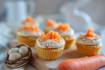Homemade Carrot Cupcakes with Cream Cheese Frosting for Easter - 748501632