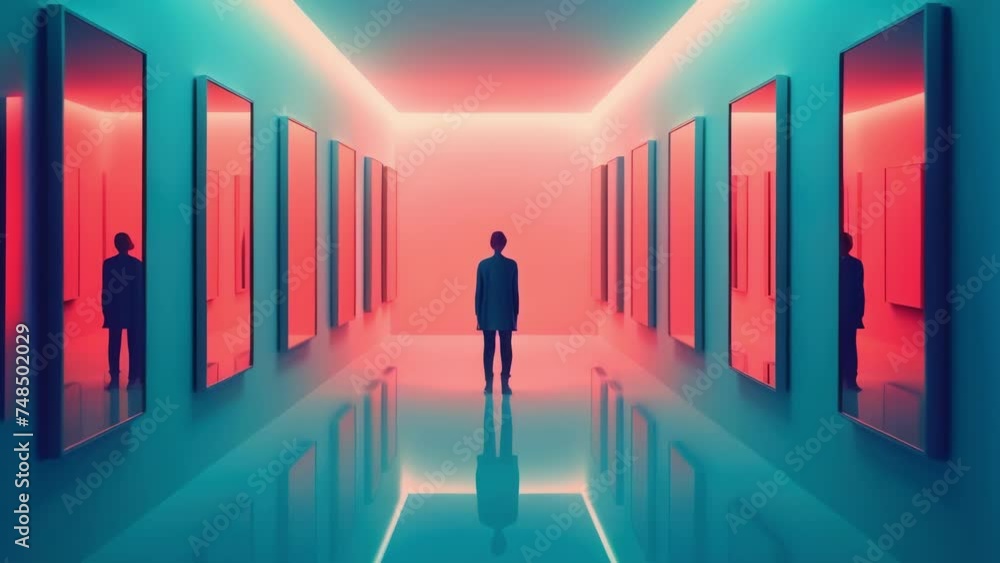 Poster a person is standing in a room filled with mirrors representing a sense of self and the different pe