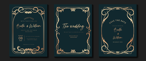 Luxury wedding invitation card vector. Elegant art nouveau classic antique design, rose gold lines gradient, frame on navy background. Premium design illustration for gala, grand opening, art deco.