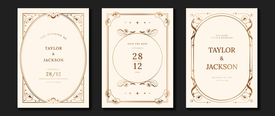Luxury wedding invitation card vector. Elegant art nouveau classic antique design, gold lines gradient, frame on light background. Premium design illustration for gala, grand opening, art deco.