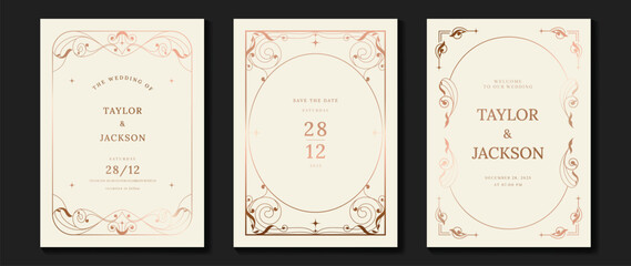 Luxury wedding invitation card vector. Elegant art nouveau classic antique design, rose gold lines gradient, frame on light background. Premium design illustration for gala, grand opening, art deco.