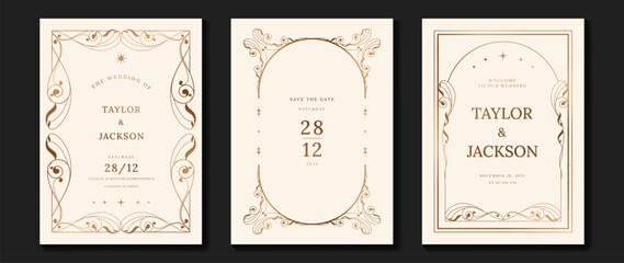 Luxury wedding invitation card vector. Elegant art nouveau classic antique design, gold lines gradient, frame on light background. Premium design illustration for gala, grand opening, art deco. - obrazy, fototapety, plakaty