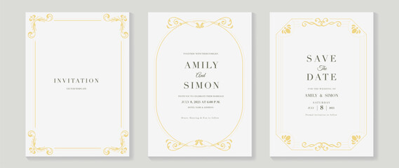 Luxury wedding invitation card vector. Elegant art nouveau classic antique design, gold line gradient, frame on white background. Premium design illustration for gala, grand opening, art deco.