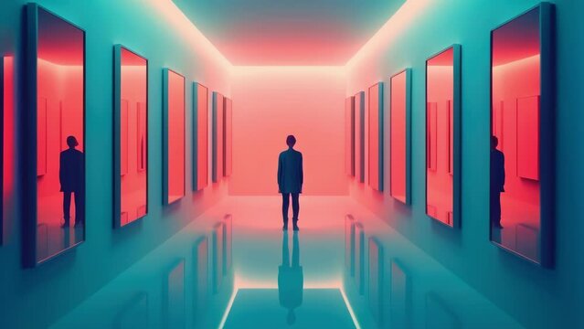 A person is standing in a room filled with mirrors representing a sense of self and the different perspectives Psychology art concept. .