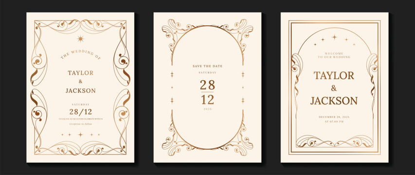 Naklejki Luxury wedding invitation card vector. Elegant art nouveau classic antique design, gold lines gradient, frame on light background. Premium design illustration for gala, grand opening, art deco.