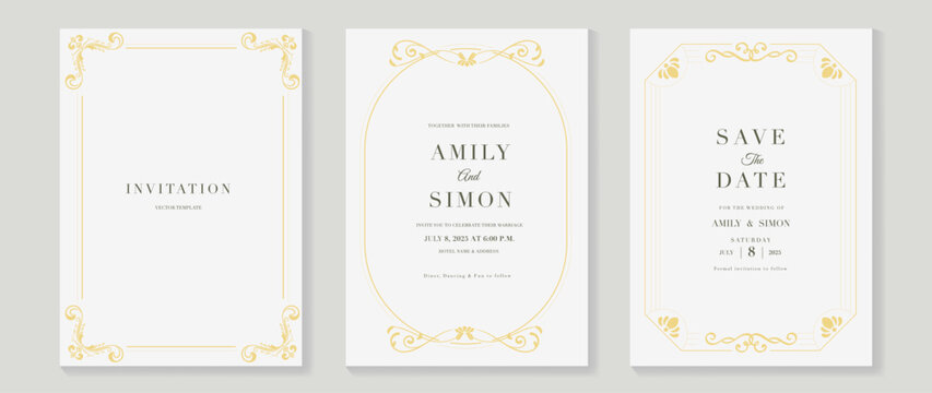 Naklejki Luxury wedding invitation card vector. Elegant art nouveau classic antique design, gold line gradient, frame on white background. Premium design illustration for gala, grand opening, art deco.