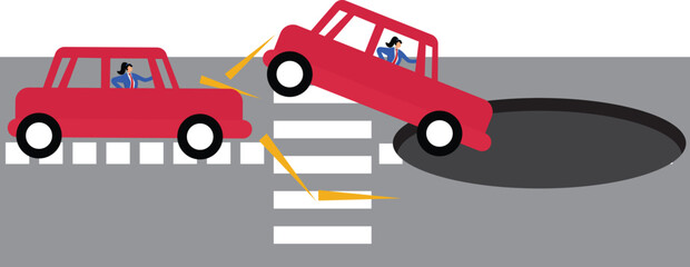 Naklejka premium Bad luck, Driving, Vector, Car Accident, Car, Hole, Abstract, Accidents and Disasters, Businesswoman,