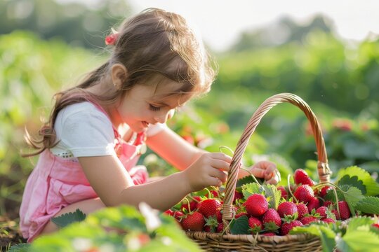Young girl picking strawberries in field with basket on summer day