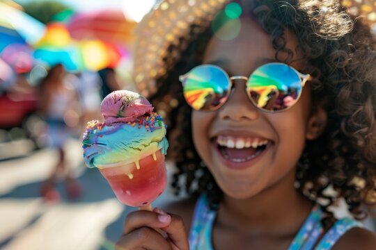 Young girl smiling while eating rainbow ice cream