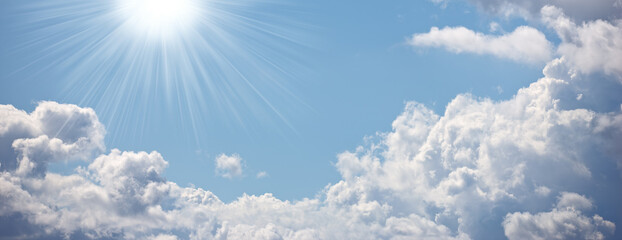 Sun, cloud and blue sky with light for heaven, hope or faith of natural scenery in nature. Sunny...