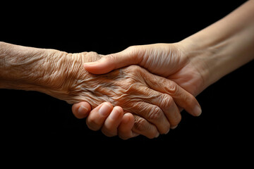 Close-up of young person's hand holding elderly person's hand as sign of caring for seniors against black background - obrazy, fototapety, plakaty