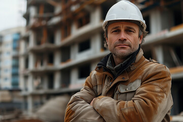 Portrait of mature civil engineer man wearing white hard hat and worker's uniform posing with crossed arms
