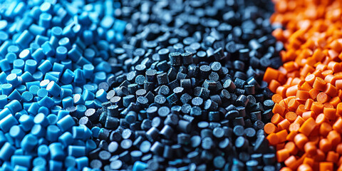 3d blue black tiny plastic cylindrical grains , blue plastic polymer pellets,polymer for pipes, Plastic and polymer industry,blue PVC granulate.Microplastic products. - obrazy, fototapety, plakaty