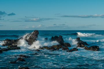 Hookipa Lookout, Paia Maui Hawaii.  Waves Crashing Against Basalt Rocks.